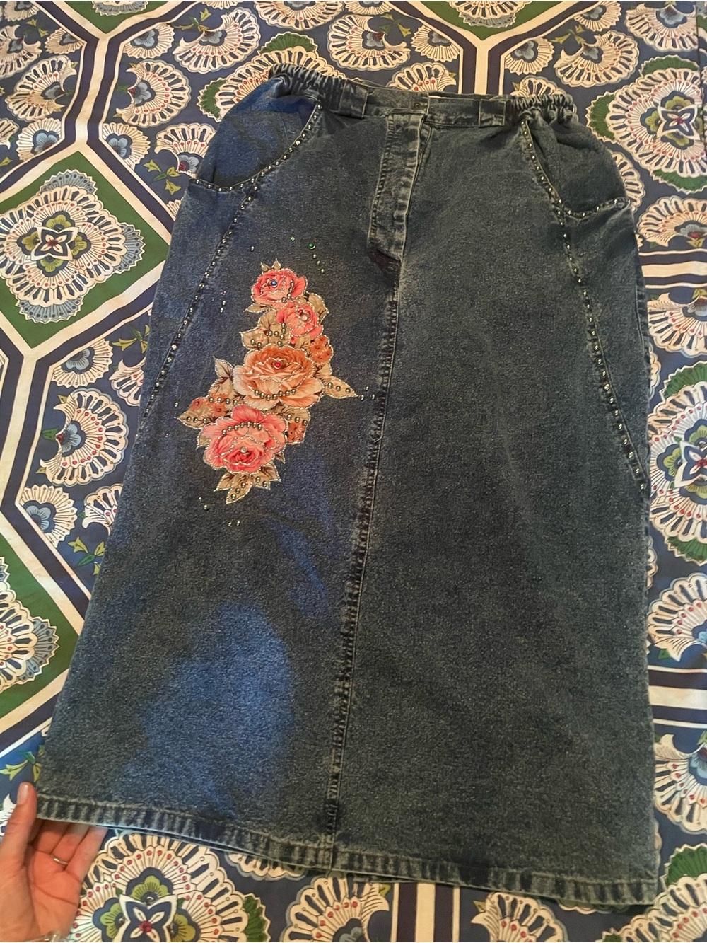 Pret-Denim Midi Skirt with patch Pink Rose Motif and bedazzling